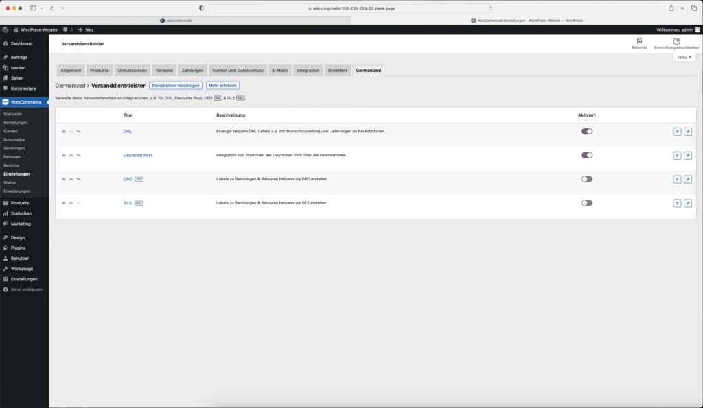Screenshot Einrichtung Versanddienstleister in WooCommerce Germanized