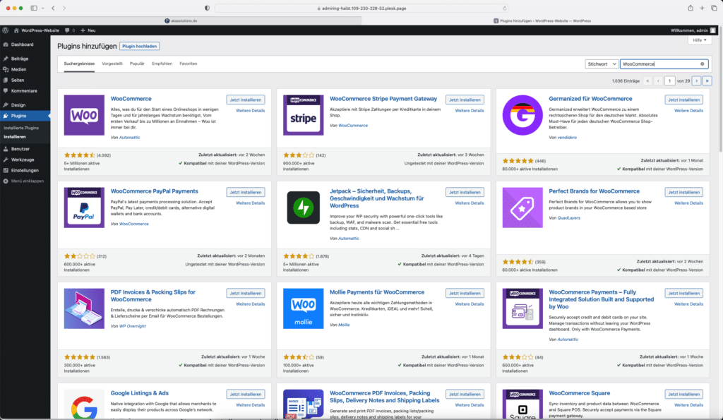 Screenshot Installation des WooCommerce-Plugins