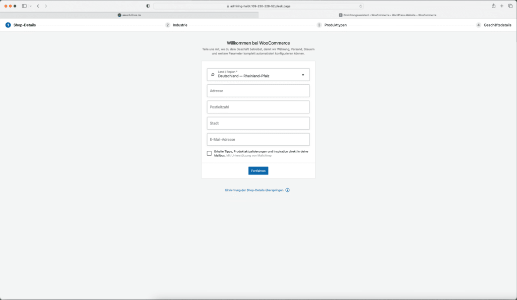 Screenshot Einrichtung von WooCommerce