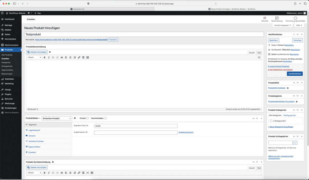 Screenshot Einrichtung eines neuen Produkts in WooCommerce