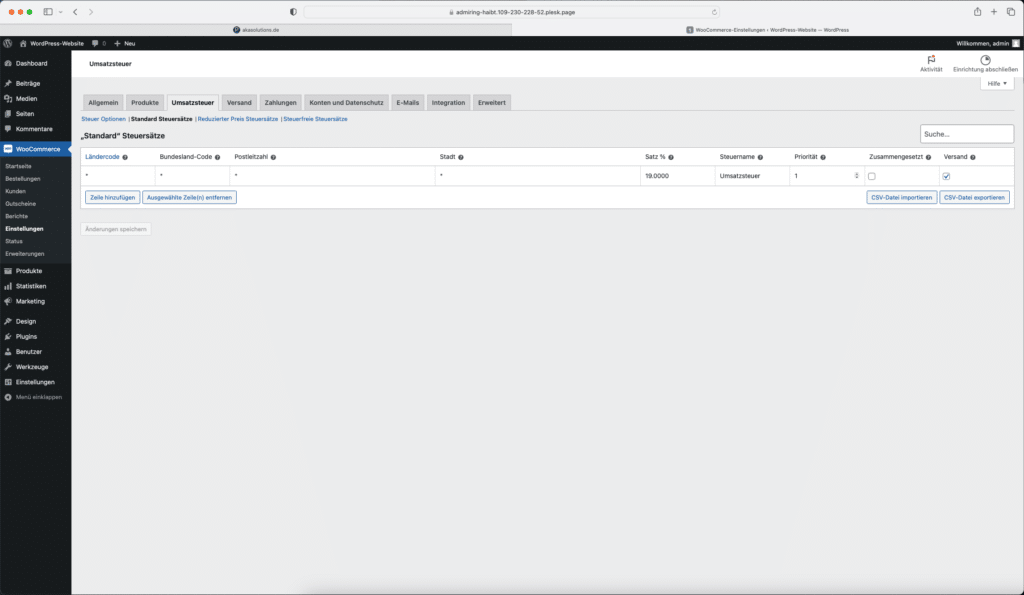 Screenshot Einrichtung von Steuersätzen in WooCommerce