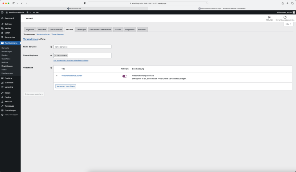 Screenshot Einrichtung von Versandzonen in WooCommerce