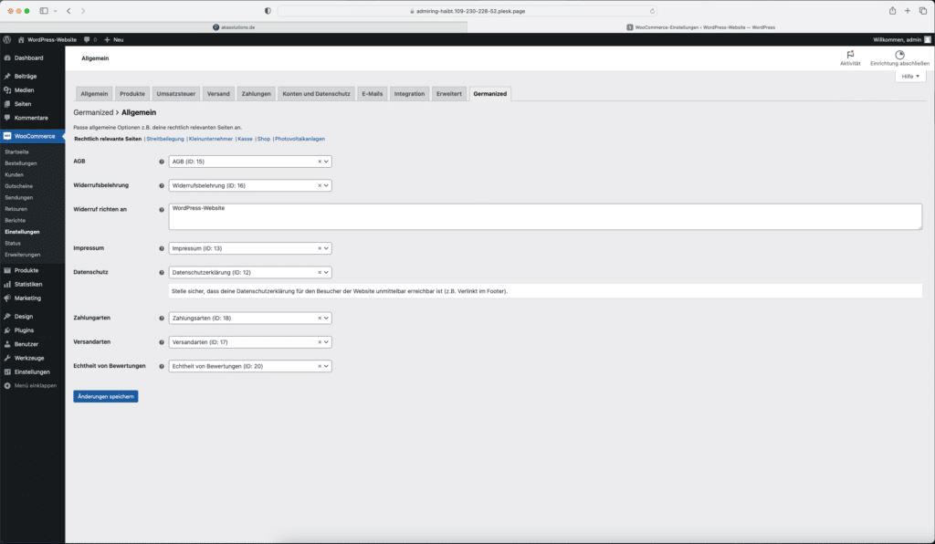 Screenshot Einrichtung von rechtlichen Seiten in WooCommerce Germanized