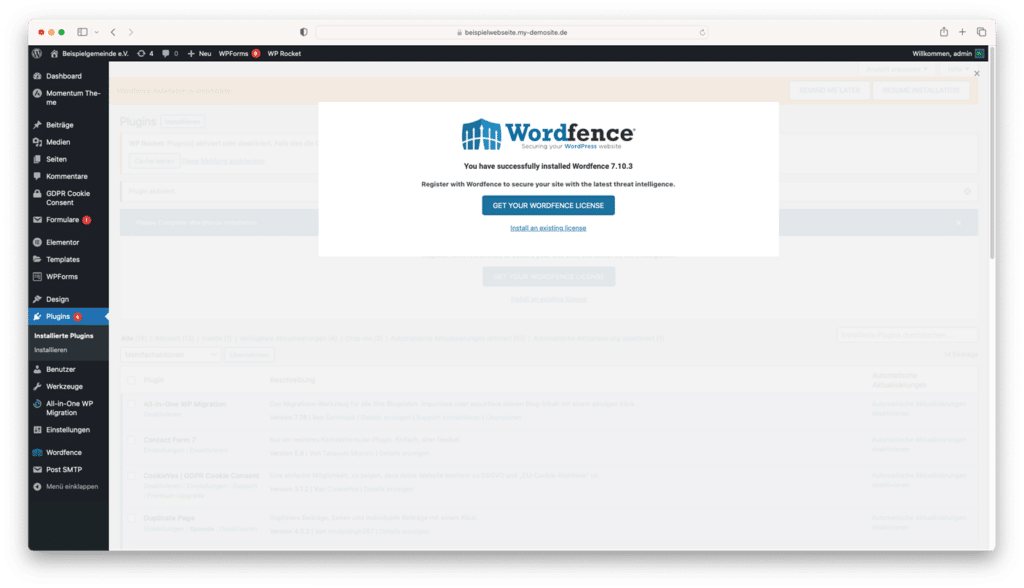 Ein Screenshot der ersten Einrichtung des Plugins Wordfence