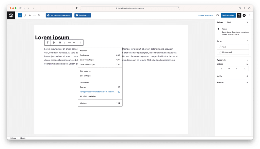 Screenshot der Einrichtung der neuen Vorlagen-Funktion von WordPress 6.3, 1. Schritt: Vorlage erstellen