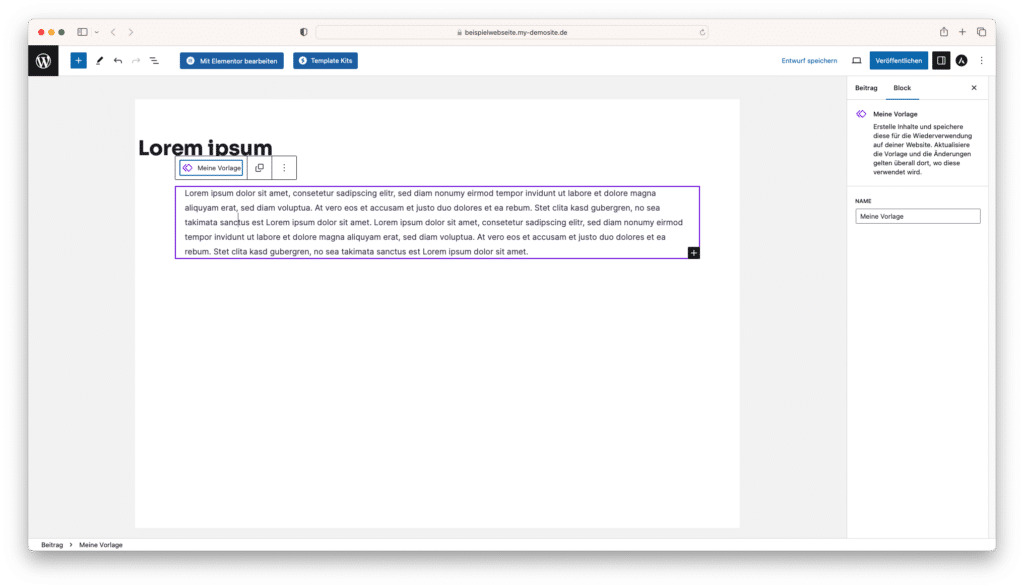 Screenshot der Anwendung der neuen Vorlagen-Funktion von WordPress 6.3