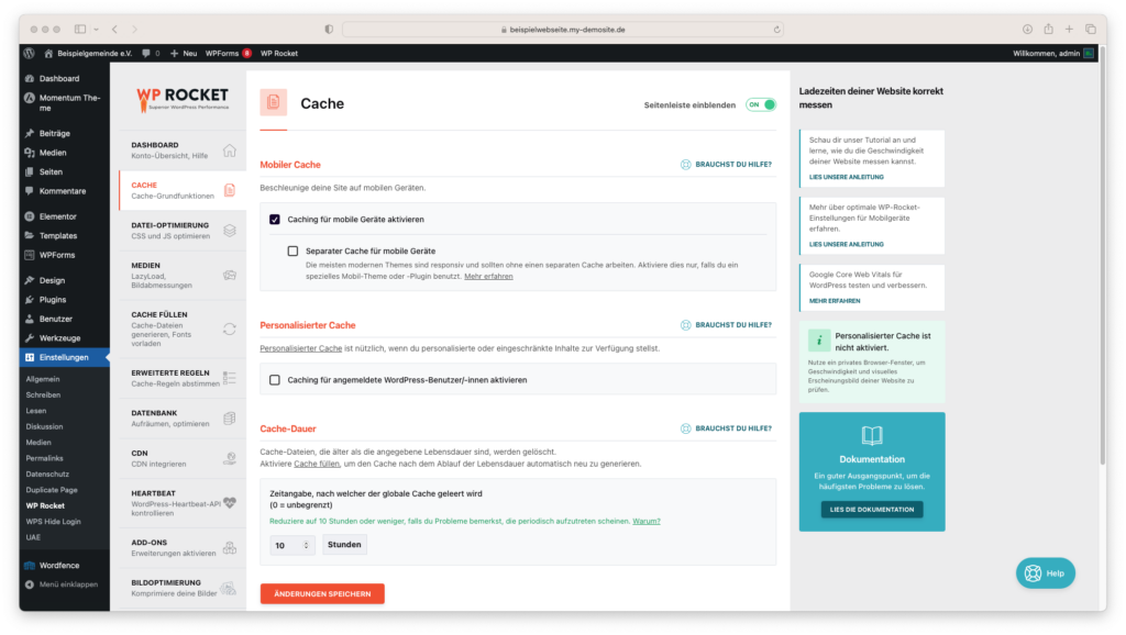 Screenshot Cache-Einstellungen WP Rocket