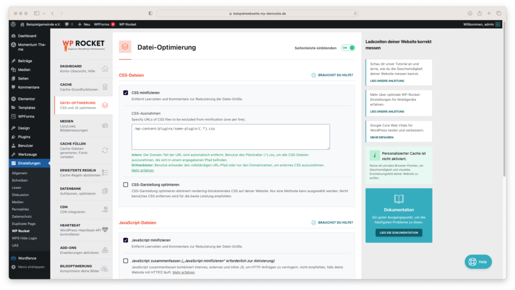 Screenshot Dateioptimierung unter WP Rocket