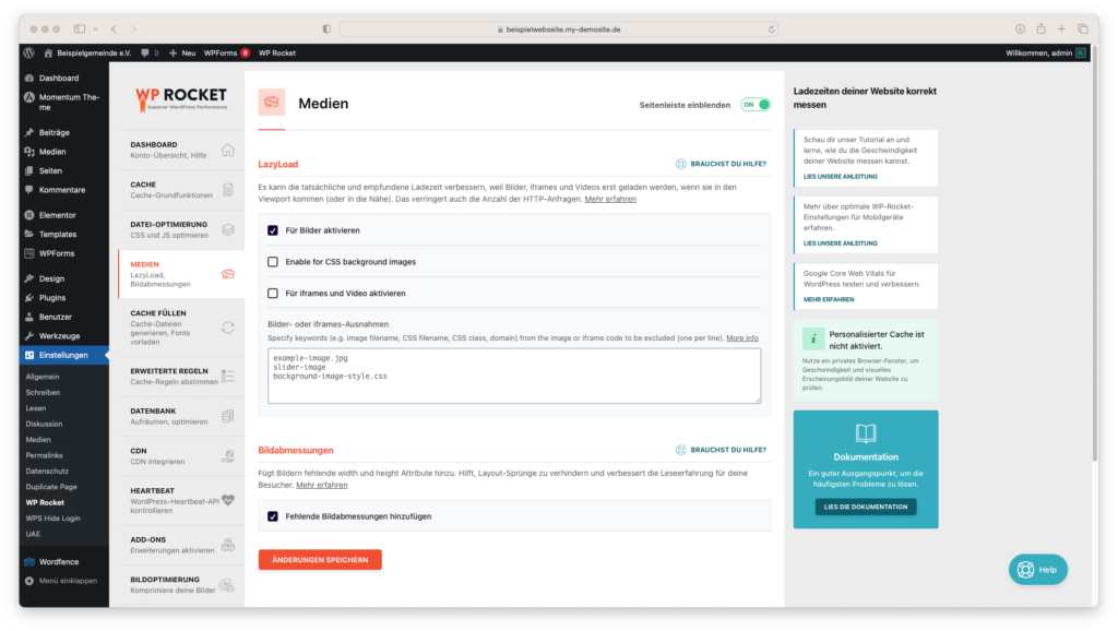Screenshot Medienoptimierung unter WP Rocket