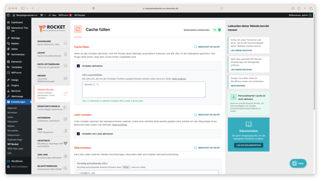 Screenshot Vorladeoptimierung unter WP Rocket