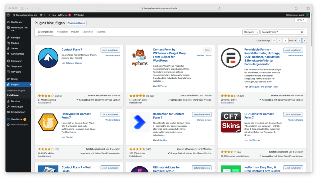 Installation von Contact Form 7 aus dem Plugin-Store
