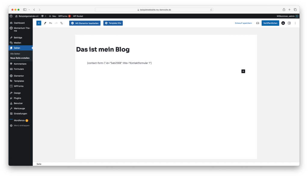 Einfügen eines Shortcodes in eine Seite mit Contact Form 7