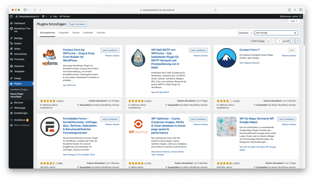 Suche nach WP Forms im Plugin-Store von WordPress