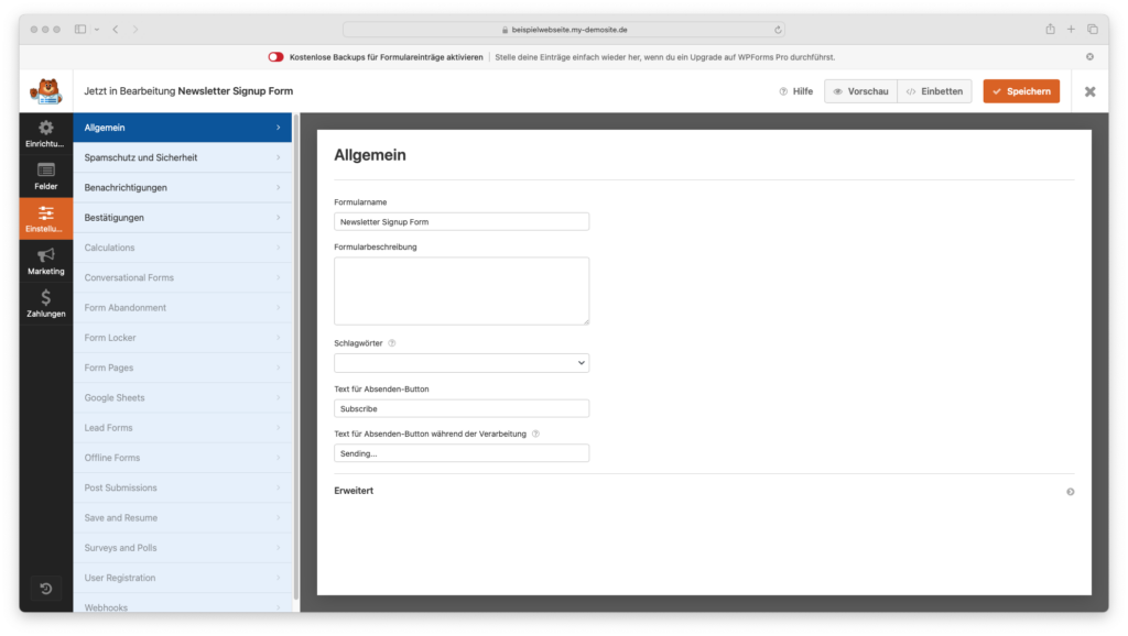 Formulareinstellungen in WP Forms