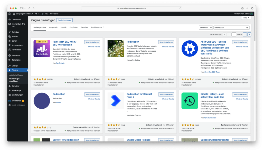 Screenshot von der Installation von Redirection im Plugin-Store von WordPress