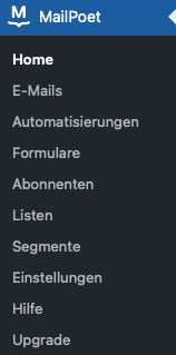 Screenshot Menü von MailPoet