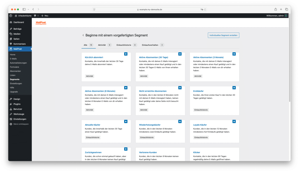 Screenshot Segmentierung von Abonnenten in MailPoet