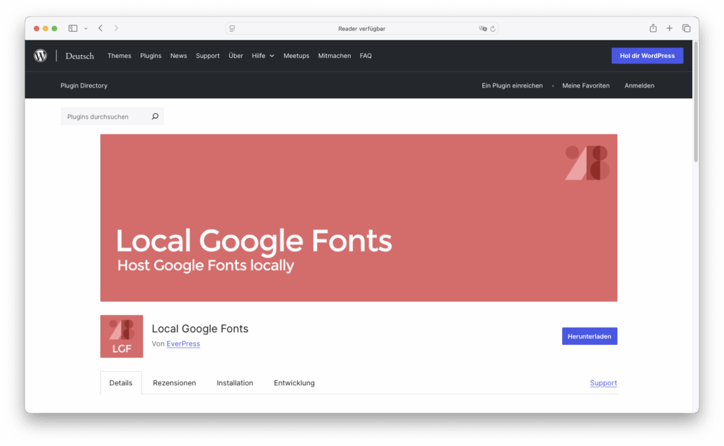 Screenshot der WordPress-Plugin-Seite für „Local Google Fonts“ von EverPress mit rotem LGF-Logo, Download-Button, Beschreibung inkl. FAQ und Metadaten wie Version (0.24.0) und aktiven Installationen.