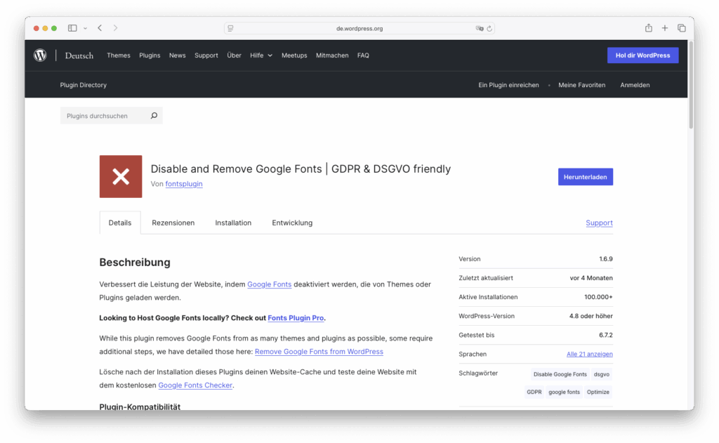 Screenshot der WordPress-Plugin-Seite für „Disable and Remove Google Fonts“.