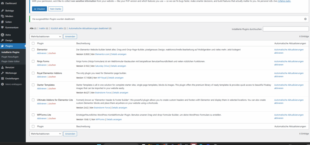 Screenshot des WordPress-Admin-Bereichs „Installierte Plugins“: Liste von sechs inaktiven Plugins (Elementor, Ninja Forms, Royal Elementor Addons, Starter Templates, Ultimate Addons for Elementor Lite, WPForms Lite) mit den Optionen „Aktivieren | Löschen“ und Hinweisen zur Aktivierung automatischer Aktualisierungen.