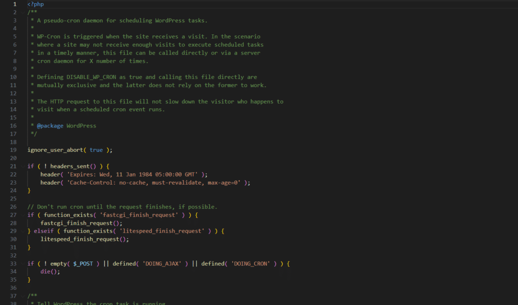 Screenshot eines Code-Editors mit Ausschnitt aus der WordPress-Cron-Datei (wp-cron.php): PHP-Starttag, Kommentarblock zur Funktionsweise von WP-Cron als Pseudo-Daemon, Aufruf von ignore_user_abort(true), Versand von Expires- und Cache-Control-Headern, bedingtes Ausführen von fastcgi_finish_request() oder litespeed_finish_request(), und Abbruch (die()) bei nicht-leeren POST-Daten oder definierten DOING_AJAX/DOING_CRON-Konstanten.