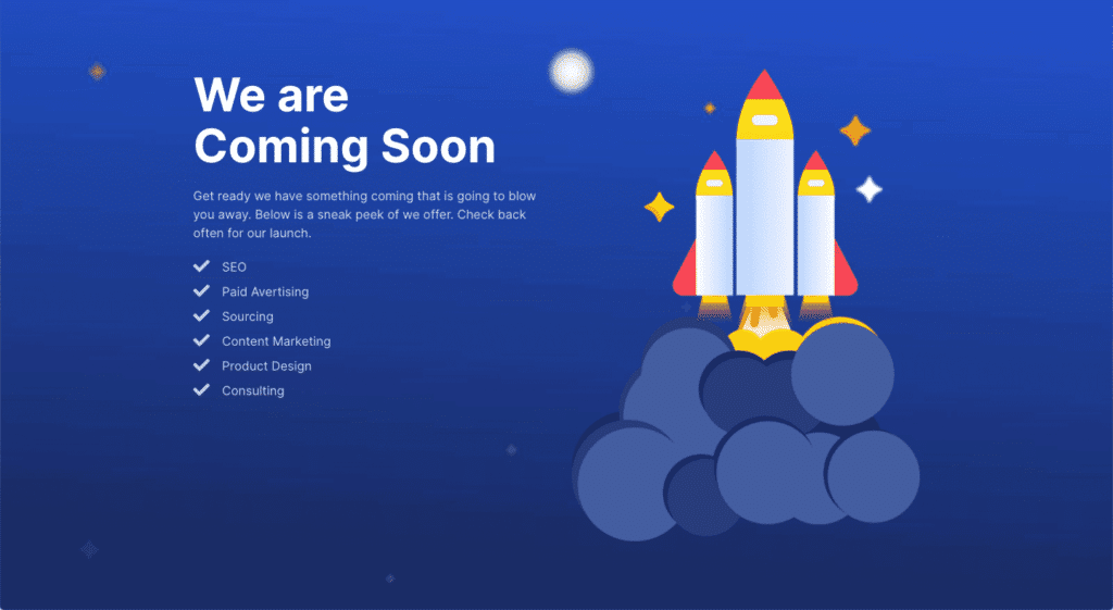 We are Coming Soon‘ vor blauem Hintergrund: Links die Überschrift ‚We are Coming Soon‘, kurzer Einführungstext und eine Liste mit Häkchenpunkten (SEO, Paid Advertising, Sourcing, Content Marketing, Product Design, Consulting); rechts eine stilisierte Rakete, die mit Rauchwölkchen in den Himmel startet.