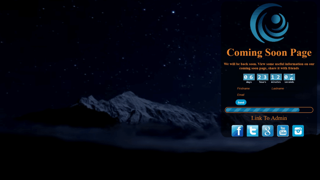 Screenshot einer Coming-Soon-Page vor dunklem Sternenhimmel mit Bergsilhouette: Rechts ein abgerundetes, schwarzes Panel mit Logo oben, der Überschrift ‚Coming Soon Page‘, einem Hinweistext ‚We will be back soon…‘, einem Countdown (Tage, Stunden, Minuten, Sekunden), Eingabefeldern für Vorname, Nachname und E-Mail mit ‚Send‘-Button, einem Fortschrittsbalken, dem Link ‚Link To Admin‘ sowie Social-Media-Icons (Facebook, Twitter, Google, YouTube, Instagram).